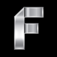 New font folded from a silver metallic ribbon. Trendy roman alphabet, gray vector letter F on a black background, 10eps