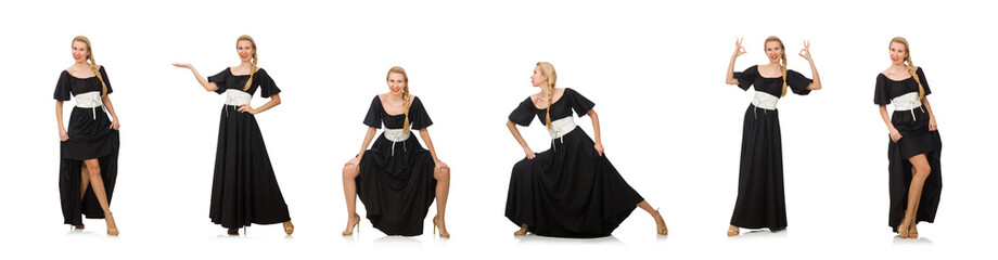 Tall woman in long black dress isolated on white