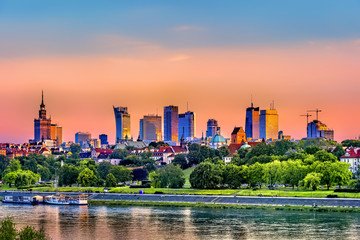 Sunset Skyline Of Warsaw City In Poland
