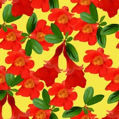 Fotobehang Hand drawn pomegranate branch with leaves and flowers. Seamless pattern. Illustration on yellow background. Unusual template for design of textiles, paper, clothing, case phone cover © Olena