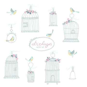 Vintage set for decorative bird cages. Decorated with flowers. Sitting and flying birds. Vector illustration in free hand drawn style in pastel colors.