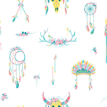 Vector ethnic seamless pattern. Native American dream catcher with feathers. Ethnic design,hand-drawn boho chic, tribal symbol. Vector illustration. Good for fabric, textiles