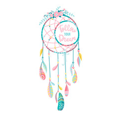 Vector ethnic dream catcher with feathers and flowers. Modern romantic hand-drawn boho style. Lettering. Follow your Dream.