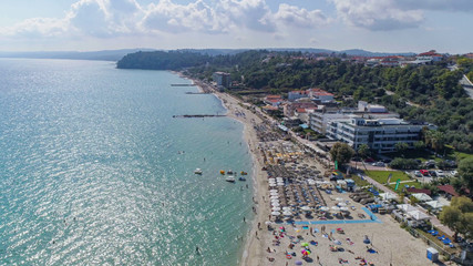 Aerial picture. Tourists on the beach of Kallithea town, Halkidiki, Greece. 