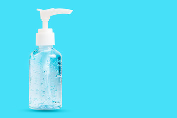 Hand sanitizer bottle or alcohol gel isolated on  blue background
