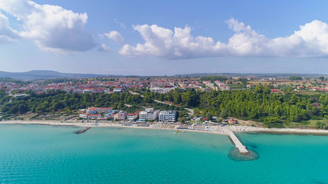 Aerial picture. Tourists on the beach of Kallithea town, Halkidiki, Greece. 