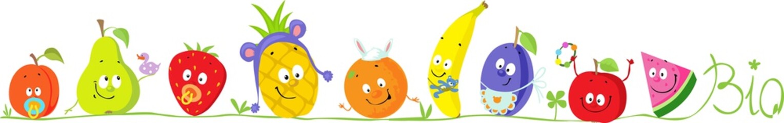Cute Bio Fruit Cartoon for Babies Standing in Raw - Vector Illustration