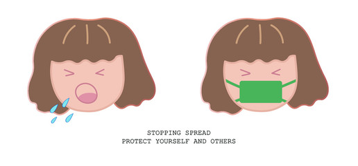 A girl cough with and without mask. Prevention saliva spreading. flat cartoon illustrator. 