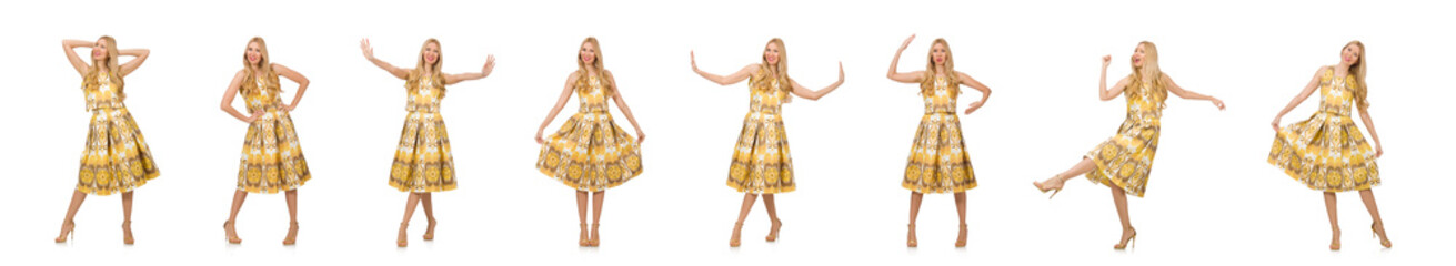 Naklejka premium Pretty girl in yellow floral dress isolated on white