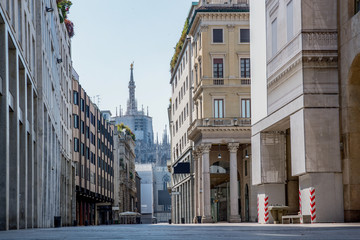 Empty streets due to covid-19 virus. Lockdown in european town. Strange spring in Milan corso Vittorio Emanuele Italy. Report from the deserted cities, people are locked up. Nobody can go out