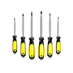 Screwdriver set with rubber black and yellow handles. different size screwdrivers for removing screws. Tool for drivers, builders and craftsmen isolated on white background. 