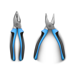 Open and closed two pliers, with rubber black and blue handles. realistic vector illustration on a white background. Hand tools for repair, construction and maintenance
