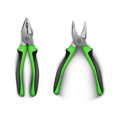 Open and closed two pliers, with rubber black and green handles. realistic vector illustration on a white background. Hand tools for repair, construction and maintenance