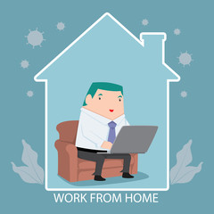 WFH - The man work from home ues laptop on safa. Self-quarantine concept in vector stlye.