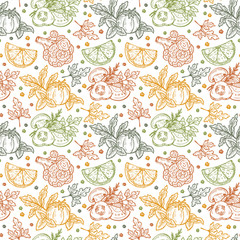Fresh Vegetables Vector Seamless pattern. Hand drawn Sketch Vegetables and Fruits with Herbs and Spices. Healthy product. Vegan Food.

