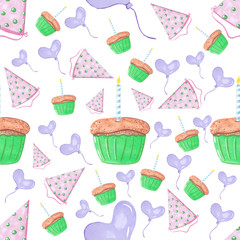 seamless pattern, bright blue balloons, gift, print, holiday, birthday, gift wrap, fabric pattern, holiday cap, cupcake with candle