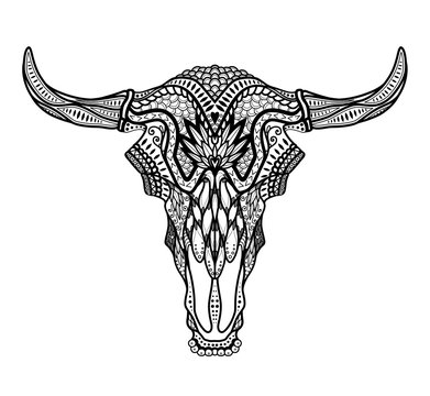Psychedelic Bull / auroch skull with horns on white background. With ornament on head