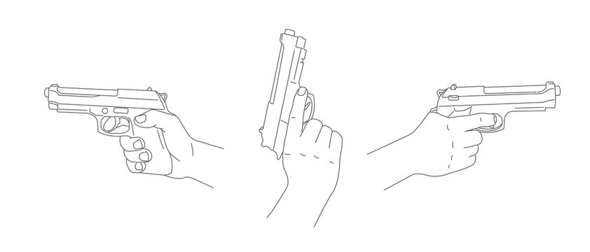 Set of three line illustrations of hand holding gun side view and pointing up view, simple linear realistic graphic, isolated