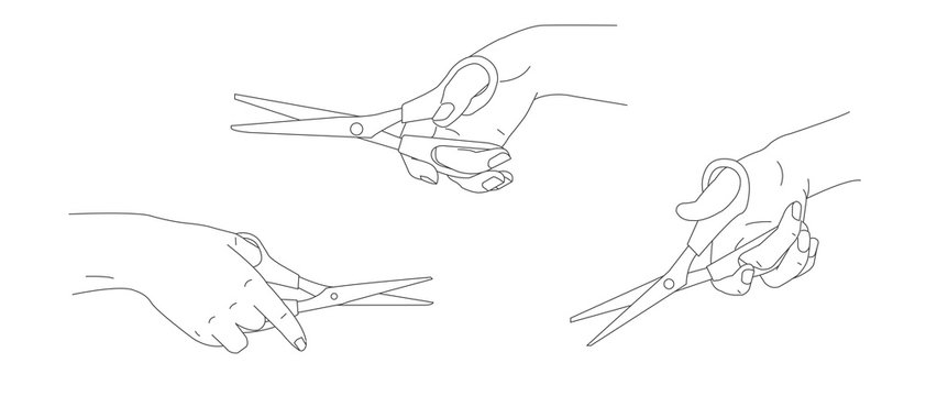 Line Illustration of hand with scissors in use for styling, grooming hair salon design or cut the opening ribbon gesture. Vector realistic line element isolated on white background.