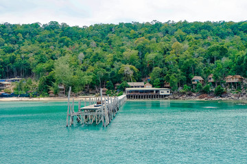 The beautiful tropical beach of Koh Rong, the paradise island with a nice bungalow, forest, coast, and white sand. Koh Rong island is a popular tourist destination in Sihanoukville, Cambodia