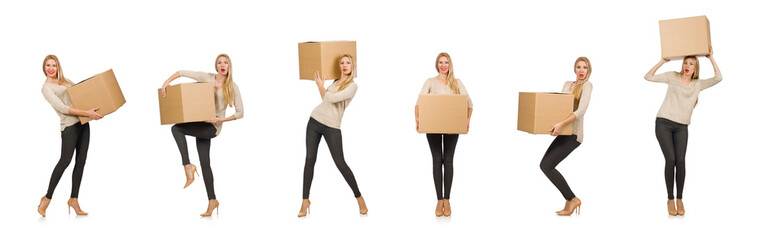 Woman with boxes relocating to new house isolated on white