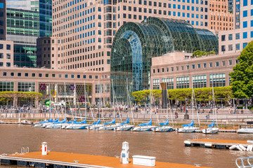 The Winter Garden square by the Hudson river, a part of the World Financial Center from Battery Park in Manhattan, New York.