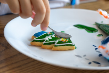 Selective focus on the little sugar balls on the cookie during bakery workshop at home