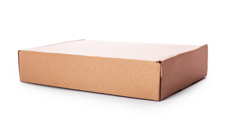 Closed cardboard box isolated on white background. Carton delivery packaging, one recycling brown box