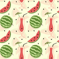 Watermelon, slice watermelon seamless pattern. Summer berry, cocktail on yellow background. Vector illustration. Template food and drink. Repeating texture. Modern ornament. Design wallpaper, textile.