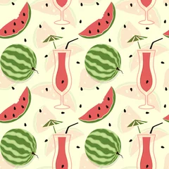 Foto op Plexiglas Watermeloen Watermeloen, plak watermeloen naadloos patroon. Zomerbes, cocktail op gele achtergrond. Vector illustratie. Sjabloon eten en drinken. Herhalende textuur. Moderne sieraad. Ontwerp behang, textiel.