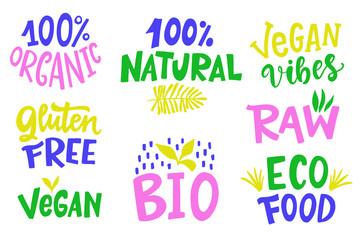 100 Percent Organic, Gluten free, Vegan, Bio, Eco, Natural food sign set