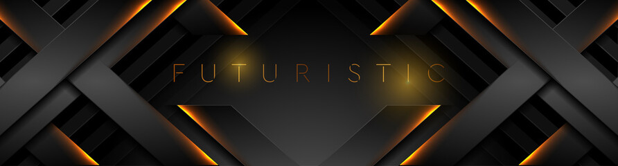 Fototapeta Futuristic black technology background with orange neon lines. Glowing vector banner design obraz