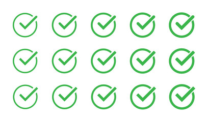 Green check mark icon set isolated vector elements. Tick approved symbol.