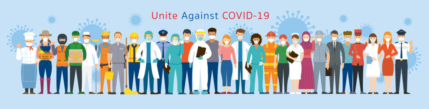 Group of People Multinational Wearing Face Mask United to Prevent Covid-19, Coronavirus