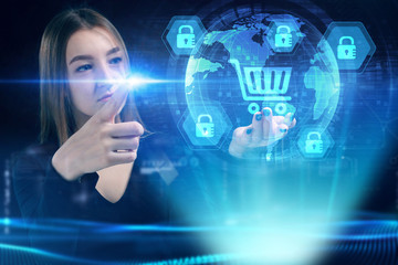 Business, Technology, Internet and network concept. Young businessman working on a virtual screen of the future and sees the inscription: