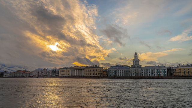 Russia, Saint Petersburg, Neva river, April-19,2020: Neva River in Saint Petersburg, panoramic view of Vasilievsky island.