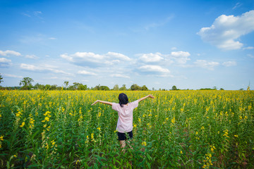 back view of young woman standing in hemp flowers field.