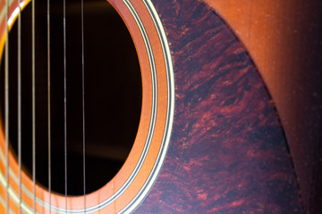 close-up of the strings and a soundboard of an acoustic guitar
