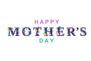 Happy Mothers day card with greeting text and floral design elements. Cartoon style with blooming flowers, leaves and berries on white background. Vector
