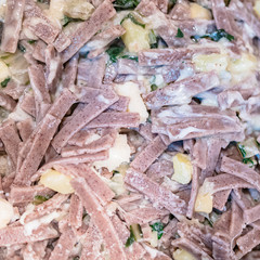 Close up of the succulent and typical Italian dish Pizzoccheri. Typical dish from Valtellina, Lombardy, Italy.