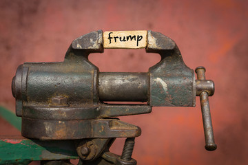 Vice grip tool squeezing a plank with the word frump