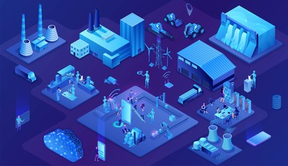 Industrial internet of things infographic illustration, blue neon concept with factory, electric power station, cloud 3d isometric icon, smart logistic  transport system, mining machines - 343128565