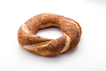 Turkish bagel on white background (simit)