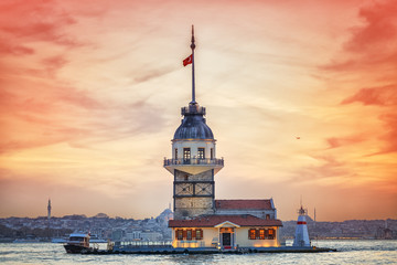 Maiden tower during sunset time at dramatic sky background. Located in Bosphorus channel in Istanbul.