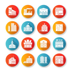Industrial buildings fronts flat design long shadow glyph icons set