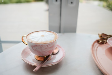 Drinks cappuccino or coffee cup, pink cup of cappuccino, hot cappuccino, Flat lay.