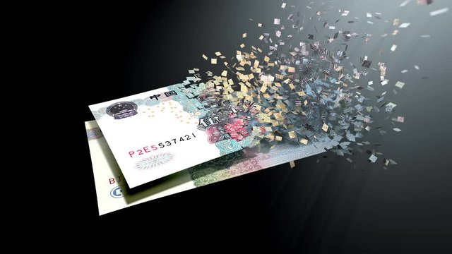 4K 3D rendering animation. The dematerialization of money, Bank notes Yuan are dematerialized on a black background.
