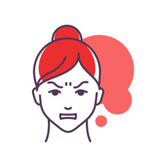 Human feeling hate line color icon. Face of a young girl depicting emotion sketch element. Cute character on red background. Outline vector illustration.