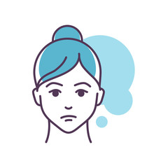 Human feeling helplessness line color icon. Face of a young girl depicting emotion sketch element. Cute character on blue background. Outline vector illustration.
