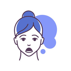 Human feeling horror line color icon. Face of a young girl depicting emotion sketch element. Cute character on blue background. Outline vector illustration.